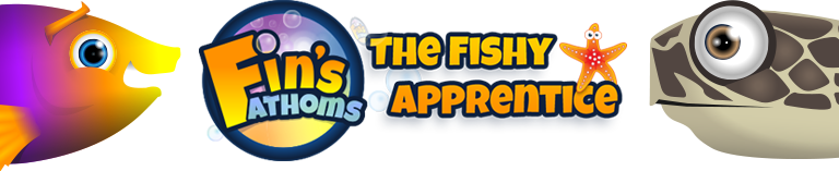 Fin's Fathoms®: The Fishy Apprentice mobile banenrfeaturing Fin and Herman.